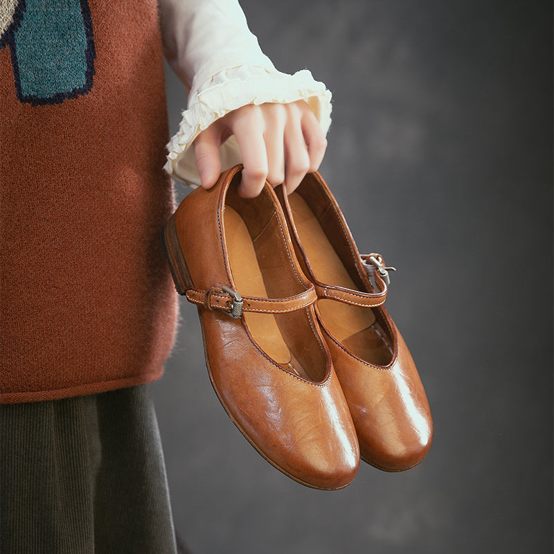 Classic Handmade Horse Leather Mary Jane Shoes for Women in Red/Amber