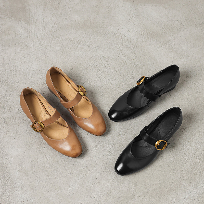 Classic Handmade Leather Buckle Mary Jane Shoes in Black/Apricot