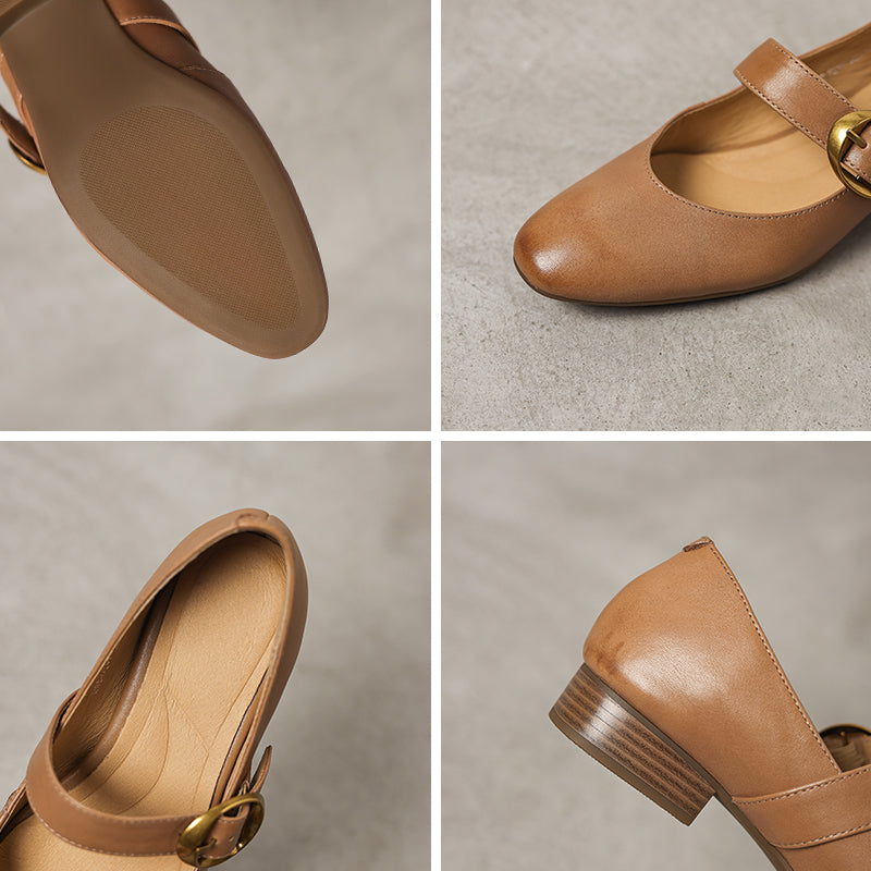 Classic Handmade Leather Buckle Mary Jane Shoes in Black/Apricot