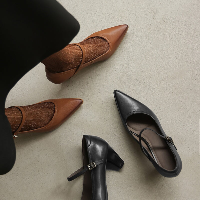 Classic Handmade Sheepskin Leather Mary Jane Pumps in Brown/Black