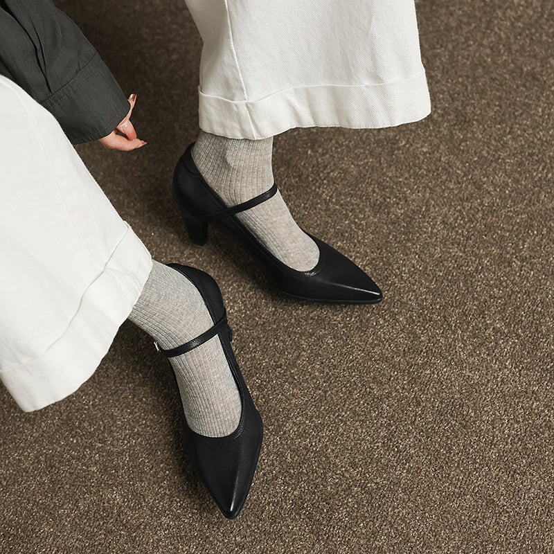 Classic Handmade Sheepskin Leather Mary Jane Pumps in Brown/Black