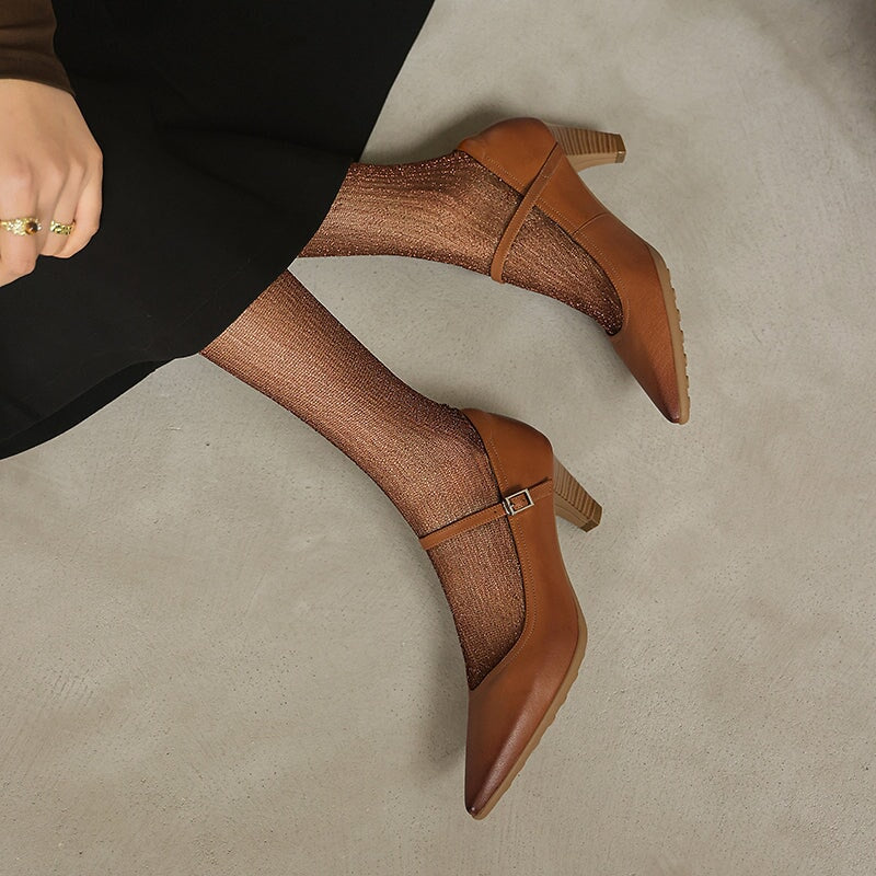 Classic Handmade Sheepskin Leather Mary Jane Pumps in Brown/Black