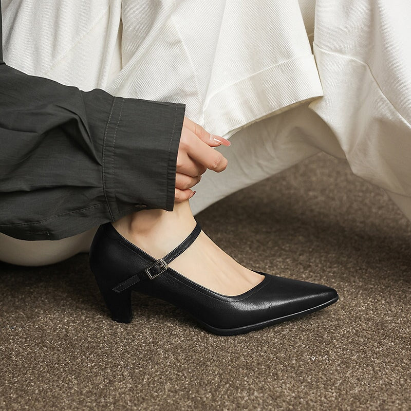 Classic Handmade Sheepskin Leather Mary Jane Pumps in Brown/Black