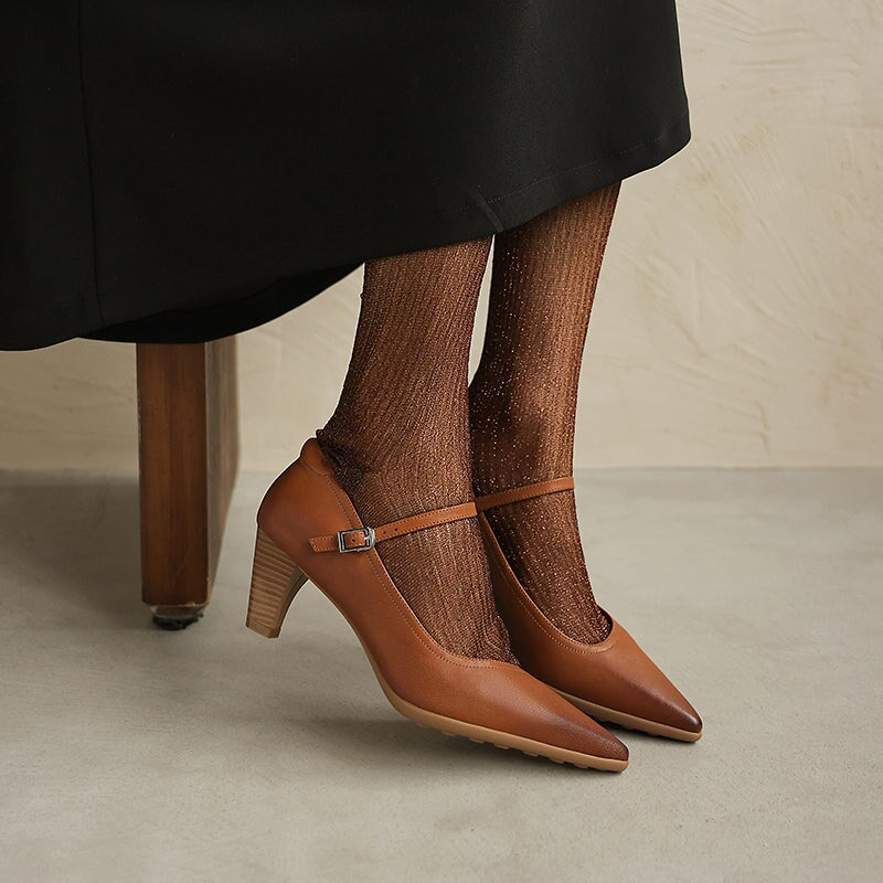 Classic Handmade Sheepskin Leather Mary Jane Pumps in Brown/Black