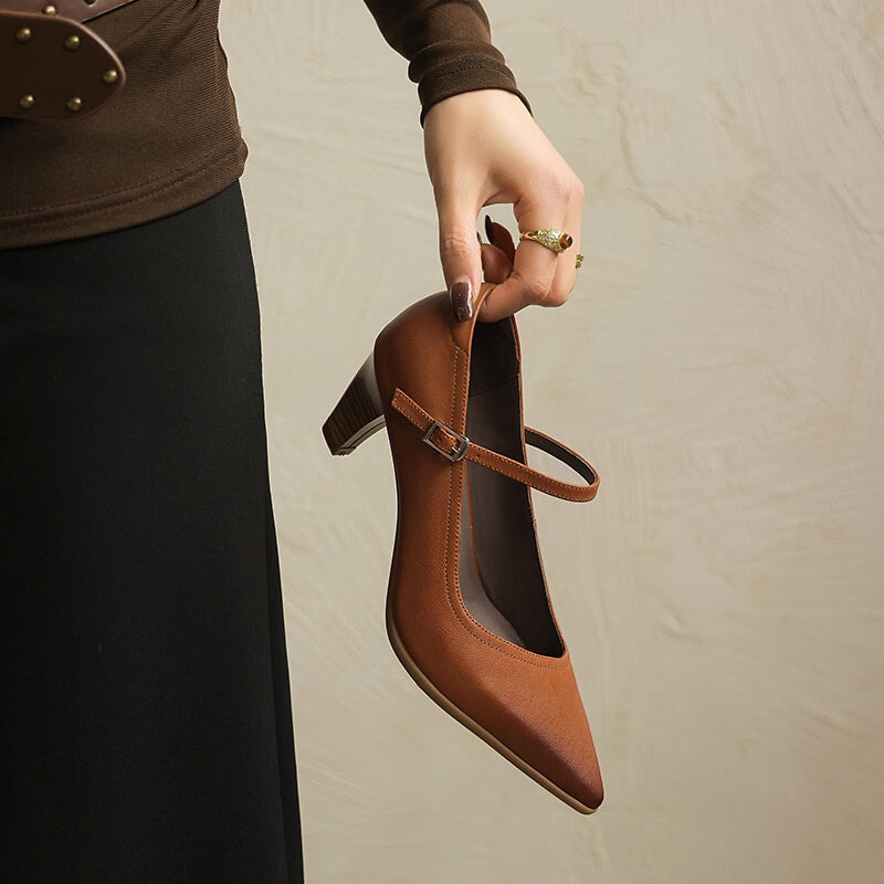 Classic Handmade Sheepskin Leather Mary Jane Pumps in Brown/Black