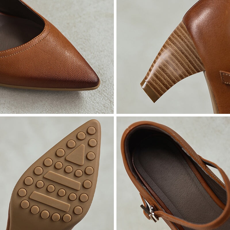 Classic Handmade Sheepskin Leather Mary Jane Pumps in Brown/Black