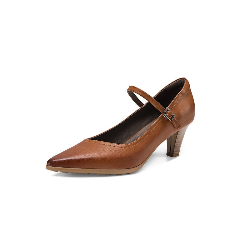 Classic Handmade Sheepskin Leather Mary Jane Pumps in Brown/Black
