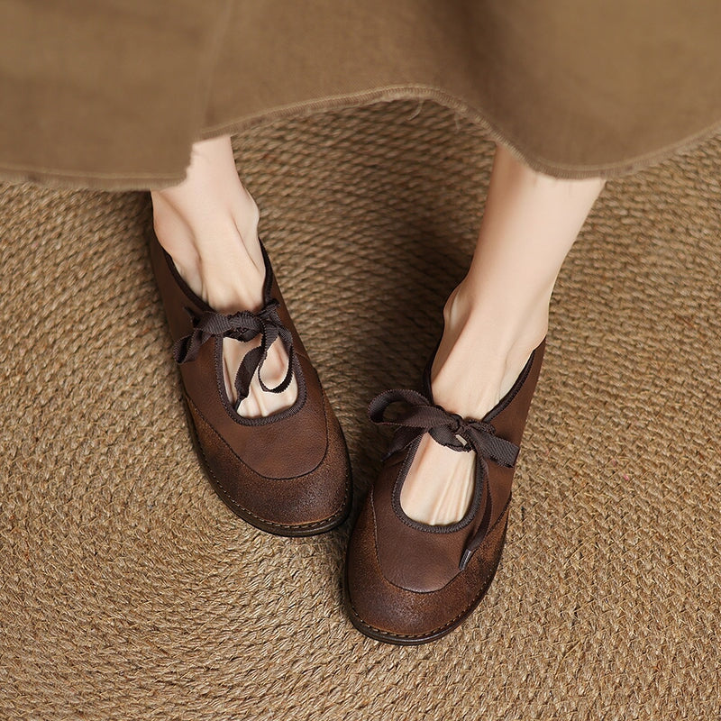 Classic Leather Mary Jane Flats for Women Lace-Up Comfort Shoes in Black/Brown