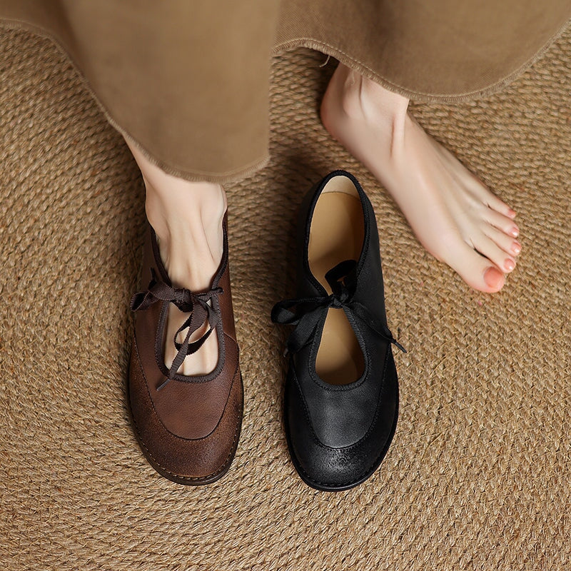Classic Leather Mary Jane Flats for Women Lace-Up Comfort Shoes in Black/Brown