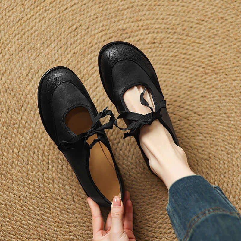 Classic Leather Mary Jane Flats for Women Lace-Up Comfort Shoes in Black/Brown