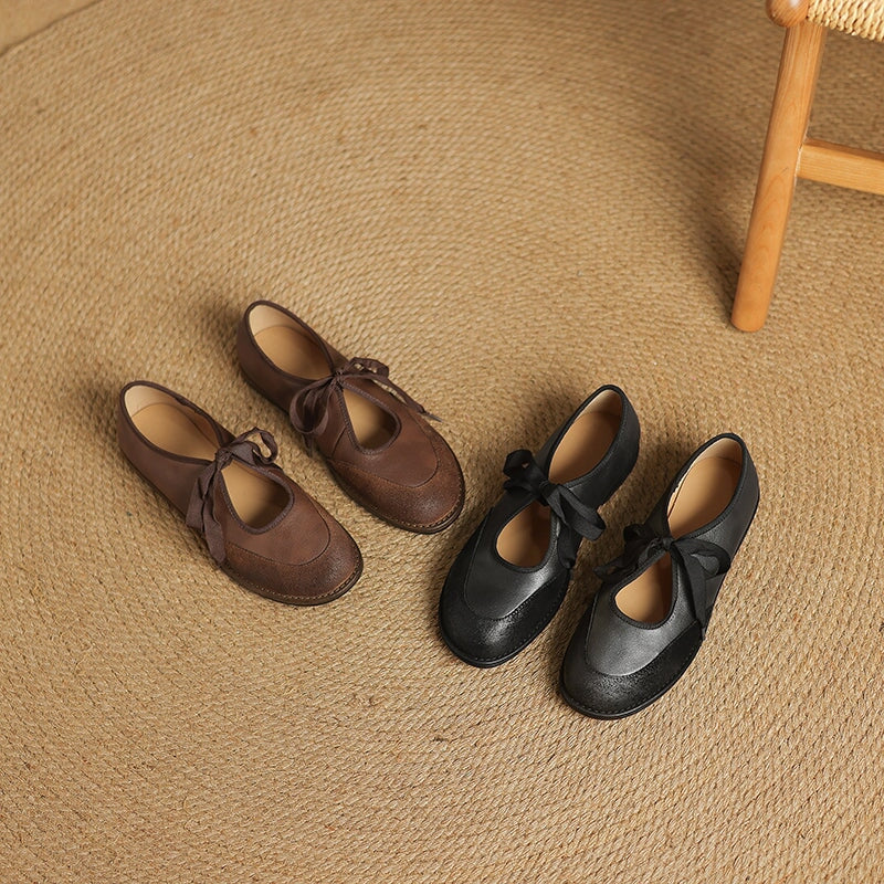 Classic Leather Mary Jane Flats for Women Lace-Up Comfort Shoes in Black/Brown