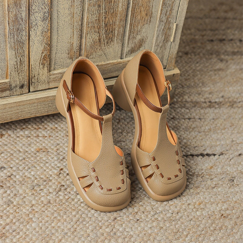 Closed Toe T-Strap Sheepskin Leather Fisherman Sandals in Beige/Apricot
