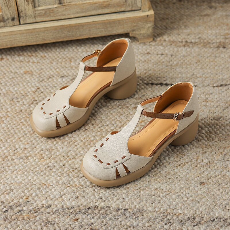 Closed Toe T-Strap Sheepskin Leather Fisherman Sandals in Beige/Apricot