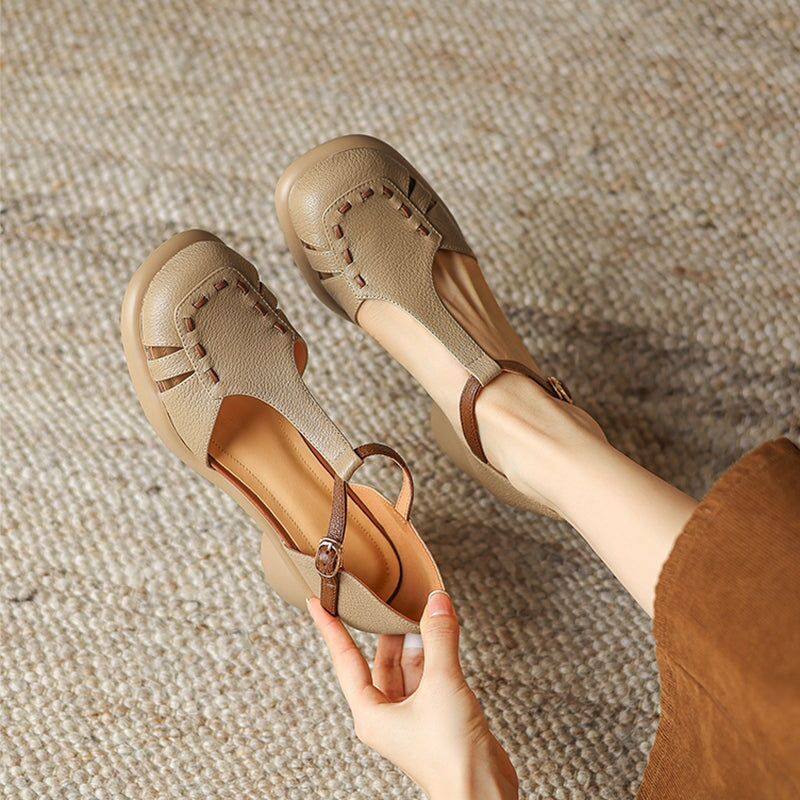 Closed Toe T-Strap Sheepskin Leather Fisherman Sandals in Beige/Apricot