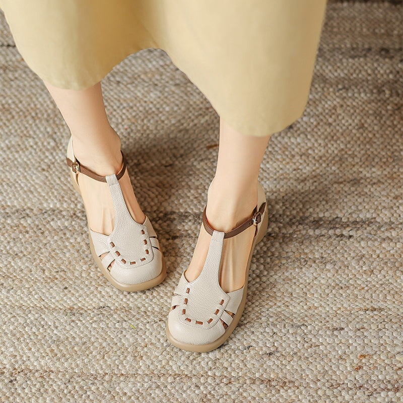 Closed Toe T-Strap Sheepskin Leather Fisherman Sandals in Beige/Apricot