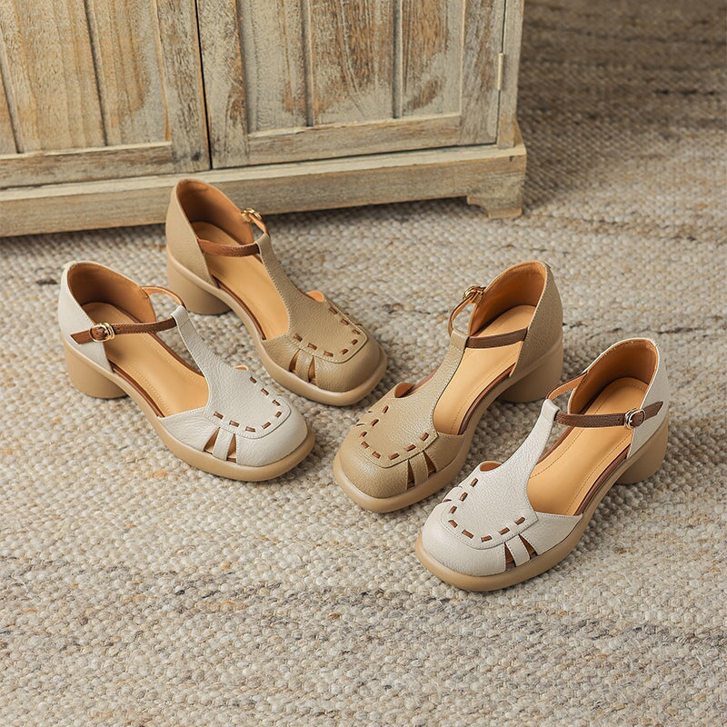 Closed Toe T-Strap Sheepskin Leather Fisherman Sandals in Beige/Apricot