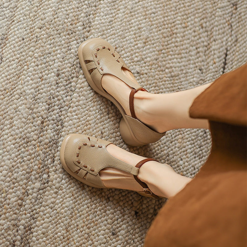 Closed Toe T-Strap Sheepskin Leather Fisherman Sandals in Beige/Apricot