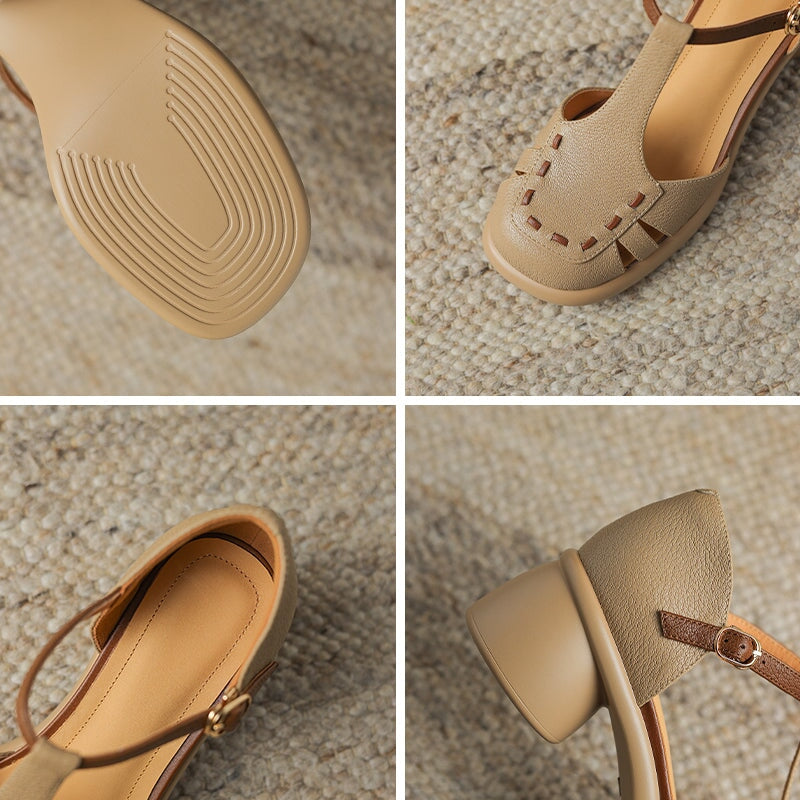 Closed Toe T-Strap Sheepskin Leather Fisherman Sandals in Beige/Apricot