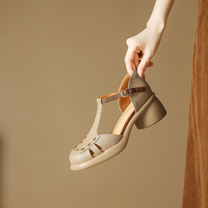 Closed Toe T-Strap Sheepskin Leather Fisherman Sandals in Beige/Apricot