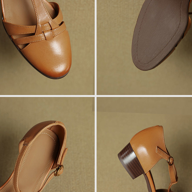 Closed-Toe Woven T-Strap Mary Jane Sandals Leather Fisherman Shoes in Black/Khaki/Apricot