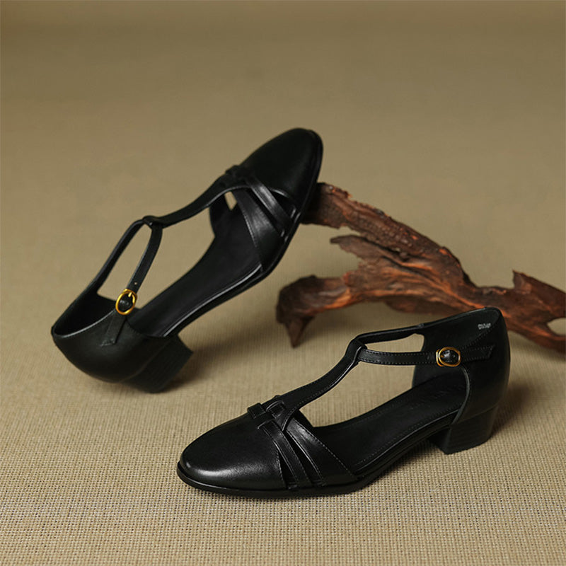 Closed-Toe Woven T-Strap Mary Jane Sandals Leather Fisherman Shoes in Black/Khaki/Apricot