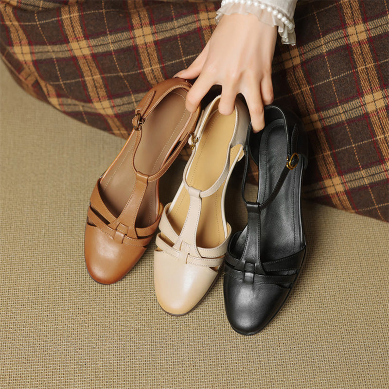 Closed-Toe Woven T-Strap Mary Jane Sandals Leather Fisherman Shoes in Black/Khaki/Apricot