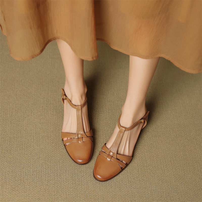 Closed-Toe Woven T-Strap Mary Jane Sandals Leather Fisherman Shoes in Black/Khaki/Apricot