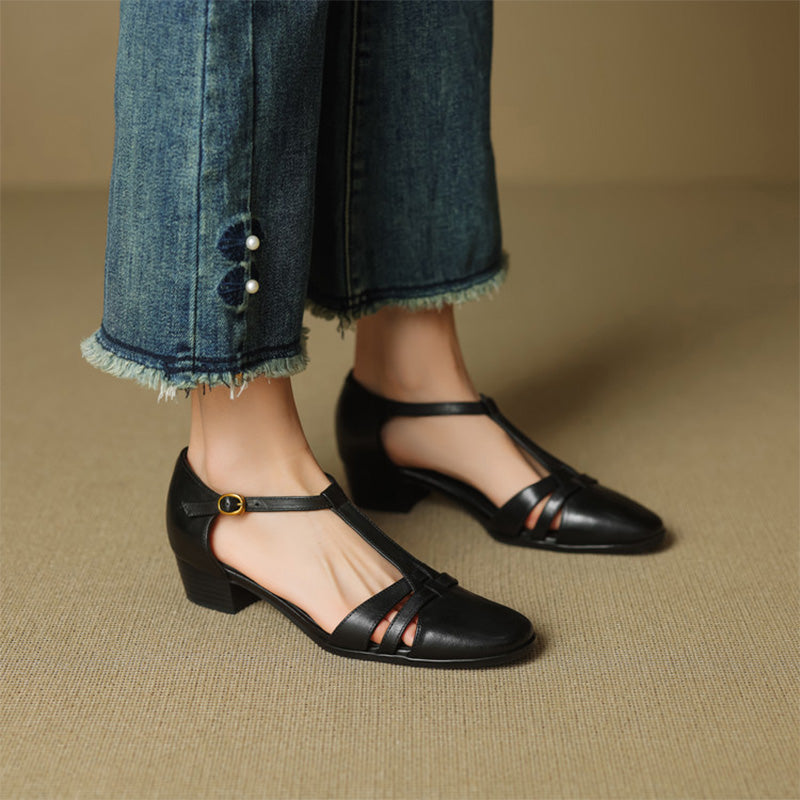 Closed-Toe Woven T-Strap Mary Jane Sandals Leather Fisherman Shoes in Black/Khaki/Apricot