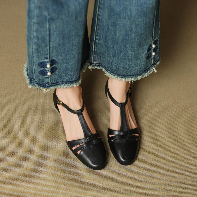 Closed-Toe Woven T-Strap Mary Jane Sandals Leather Fisherman Shoes in Black/Khaki/Apricot