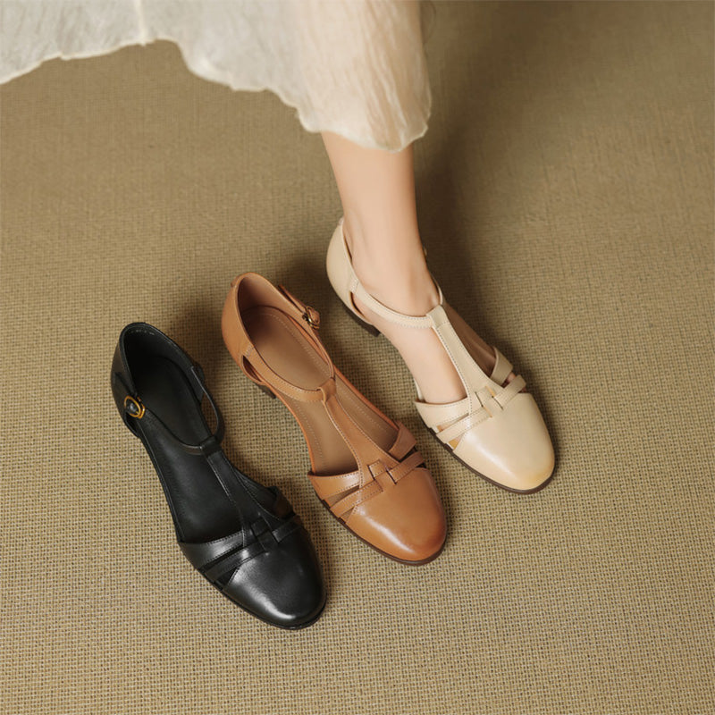 Closed-Toe Woven T-Strap Mary Jane Sandals Leather Fisherman Shoes in Black/Khaki/Apricot