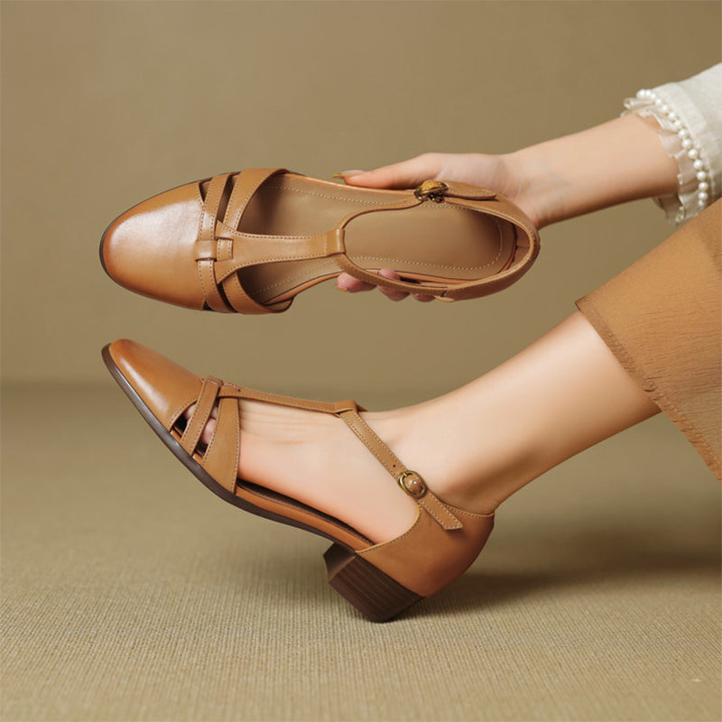 Closed-Toe Woven T-Strap Mary Jane Sandals Leather Fisherman Shoes in Black/Khaki/Apricot