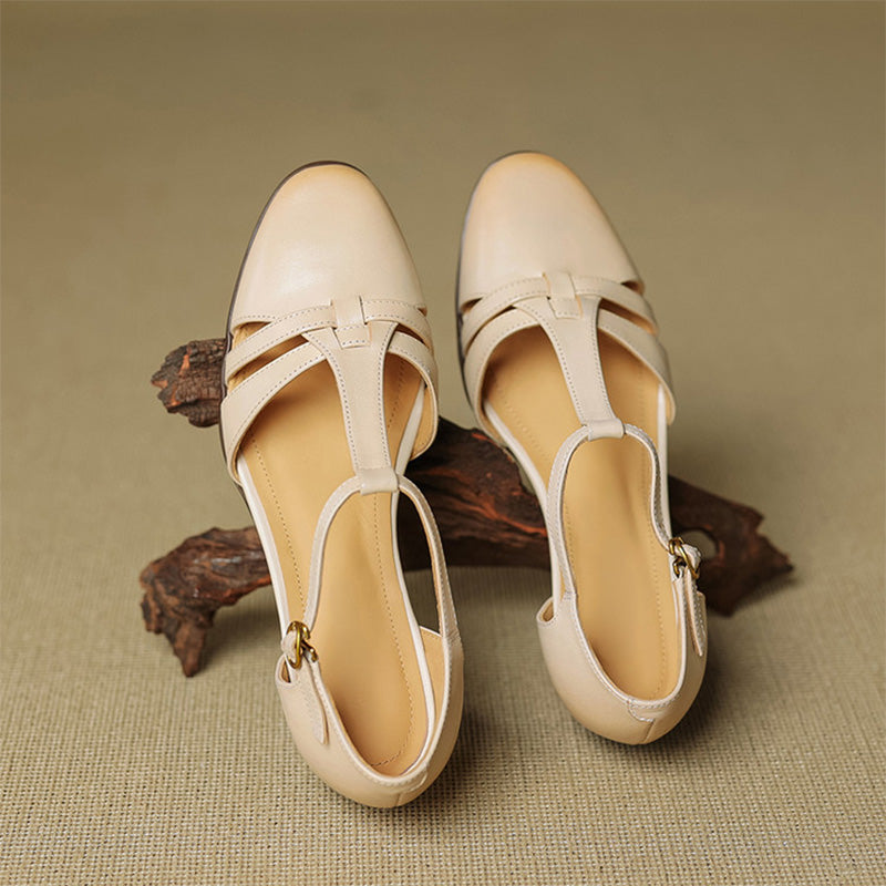 Closed-Toe Woven T-Strap Mary Jane Sandals Leather Fisherman Shoes in Black/Khaki/Apricot