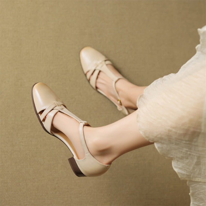 Closed-Toe Woven T-Strap Mary Jane Sandals Leather Fisherman Shoes in Black/Khaki/Apricot