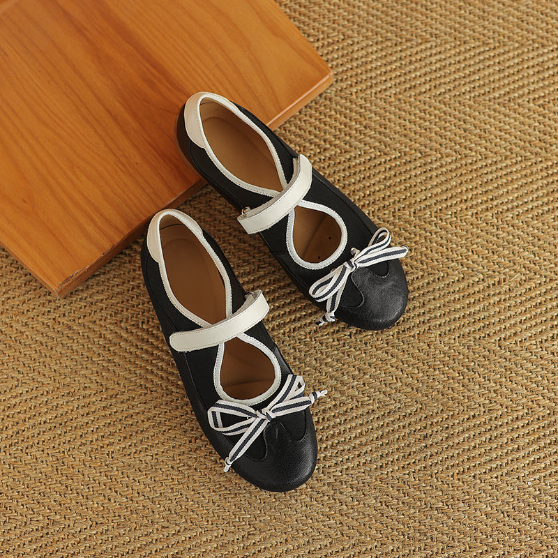 Colorblock Bow Mary Jane Flats for Women Velcro Strap Preppy Leather Ballet Shoes in Yellow Brown/Black