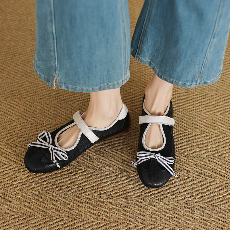 Colorblock Bow Mary Jane Flats for Women Velcro Strap Preppy Leather Ballet Shoes in Yellow Brown/Black