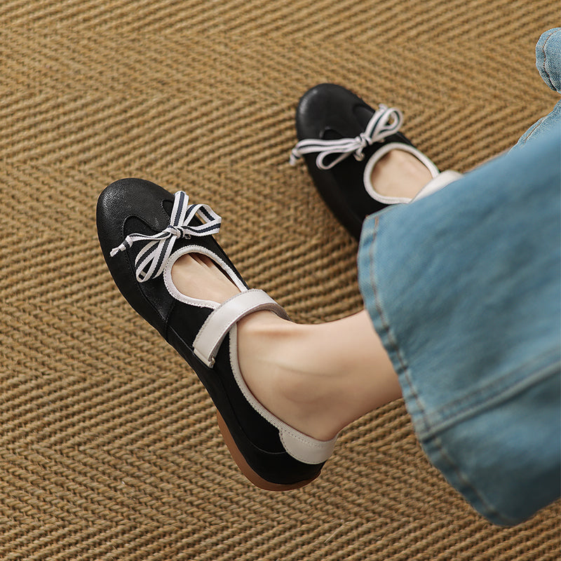 Colorblock Bow Mary Jane Flats for Women Velcro Strap Preppy Leather Ballet Shoes in Yellow Brown/Black