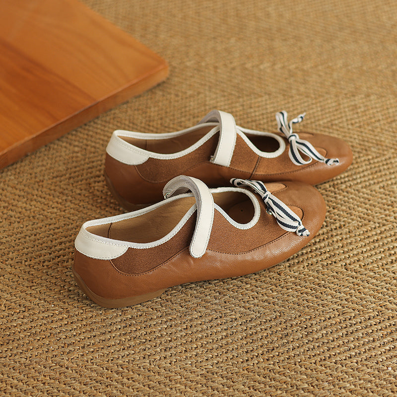 Colorblock Bow Mary Jane Flats for Women Velcro Strap Preppy Leather Ballet Shoes in Yellow Brown/Black