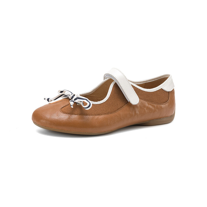 Colorblock Bow Mary Jane Flats for Women Velcro Strap Preppy Leather Ballet Shoes in Yellow Brown/Black