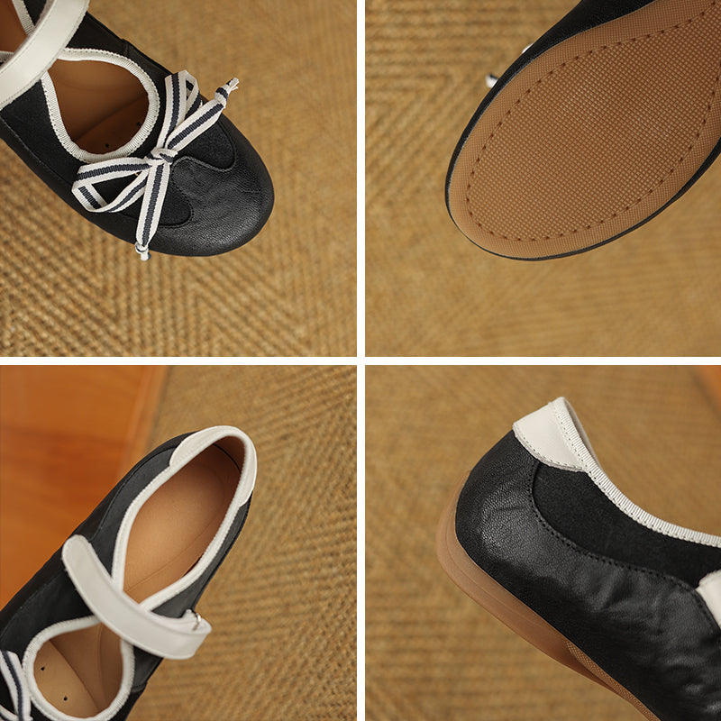 Colorblock Bow Mary Jane Flats for Women Velcro Strap Preppy Leather Ballet Shoes in Yellow Brown/Black