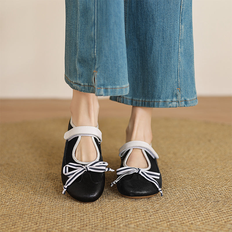 Colorblock Bow Mary Jane Flats for Women Velcro Strap Preppy Leather Ballet Shoes in Yellow Brown/Black