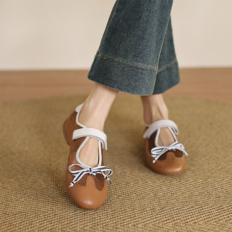 Colorblock Bow Mary Jane Flats for Women Velcro Strap Preppy Leather Ballet Shoes in Yellow Brown/Black