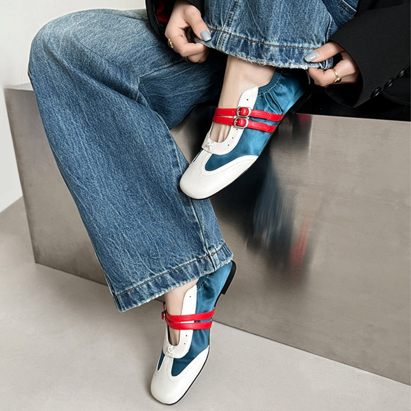 Colorblock Double Strap Mary Jane Sneakers for Women Designer Flat Leather Trainers in Blue/Grey/Khaki