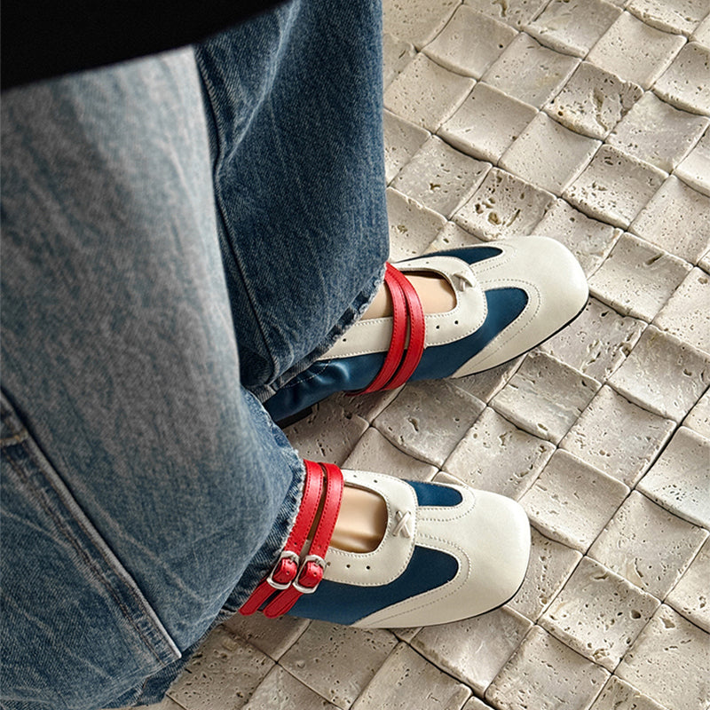 Colorblock Double Strap Mary Jane Sneakers for Women Designer Flat Leather Trainers in Blue/Grey/Khaki