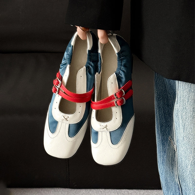 Colorblock Double Strap Mary Jane Sneakers for Women Designer Flat Leather Trainers in Blue/Grey/Khaki