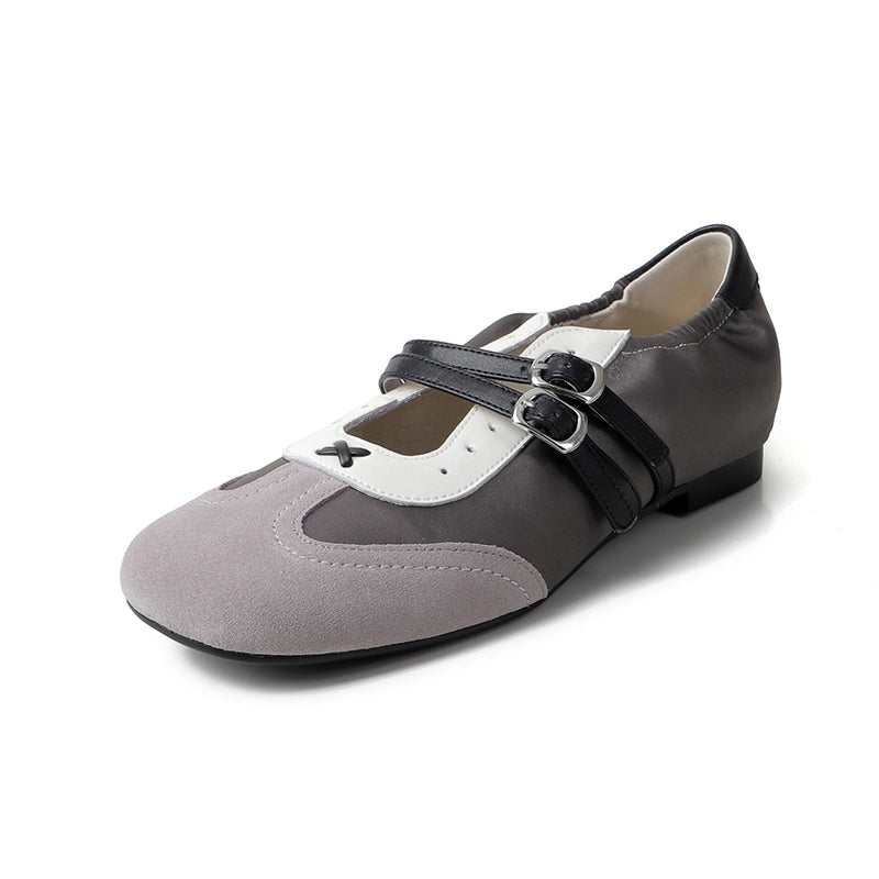 Colorblock Double Strap Mary Jane Sneakers for Women Designer Flat Leather Trainers in Blue/Grey/Khaki