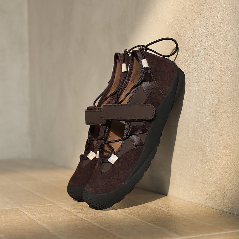 Colorblock Mary Jane Sneakers for Women Drawstring Velcro Leather Ballet Flats in Brown/Apricot/Silver