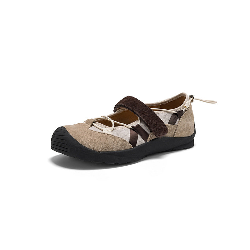 Colorblock Mary Jane Sneakers for Women Drawstring Velcro Leather Ballet Flats in Brown/Apricot/Silver