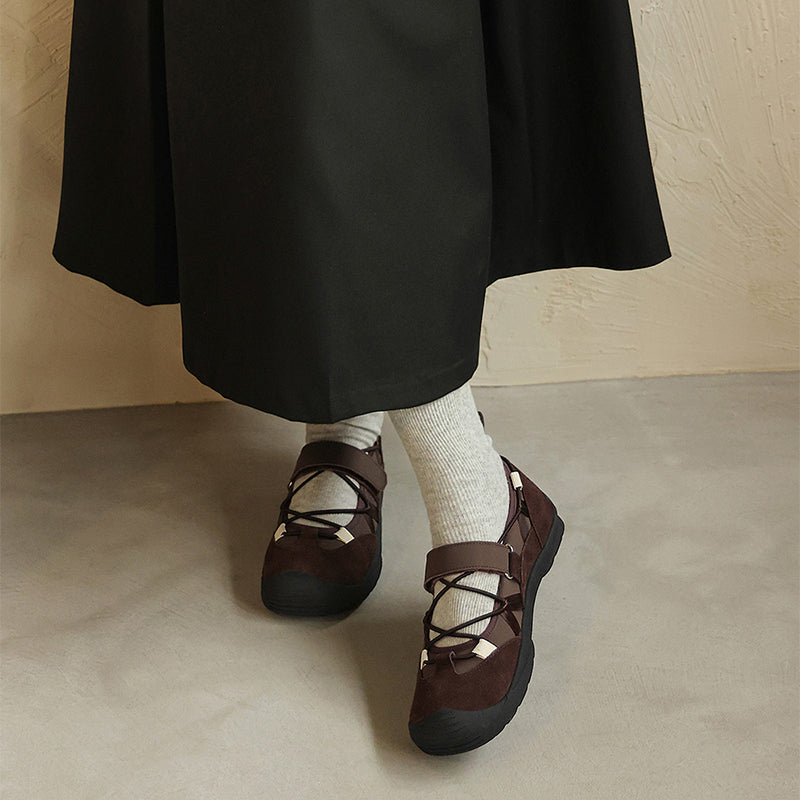 Colorblock Mary Jane Sneakers for Women Drawstring Velcro Leather Ballet Flats in Brown/Apricot/Silver