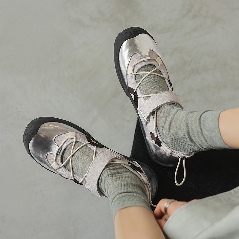 Colorblock Mary Jane Sneakers for Women Drawstring Velcro Leather Ballet Flats in Brown/Apricot/Silver