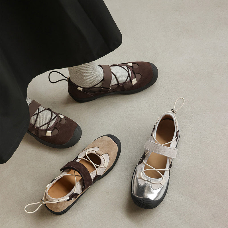 Colorblock Mary Jane Sneakers for Women Drawstring Velcro Leather Ballet Flats in Brown/Apricot/Silver